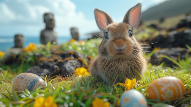 A Bunny holding Easter egg on Easter Island Rapa Nui against the background of Moai statues