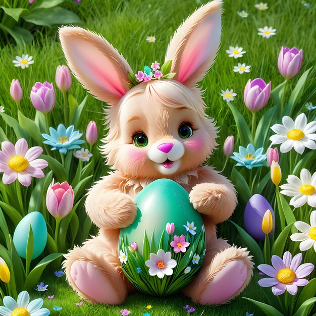 a bunny holding a egg with easter eggs in the grass