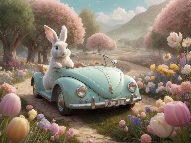 a bunny is sitting in a blue car with the license plate number 8