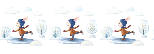 Bunny is skating in Winter Watercolor border with Hare for children Watercolour illustration