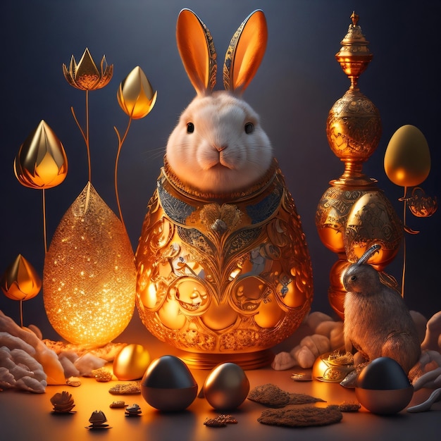 Кролик окружен яйцами и золотым и серебряным яйцом.