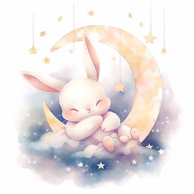 Bunny and the Moon Watercolor Illustration