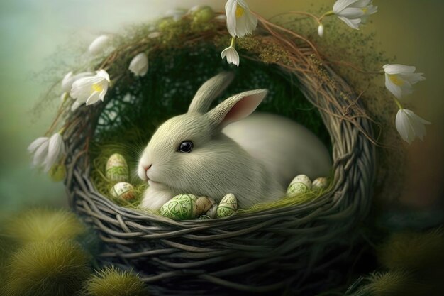 A bunny in a nest with eggs and flowers