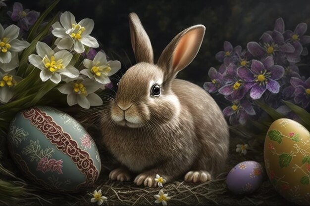 A bunny and a painted easter egg