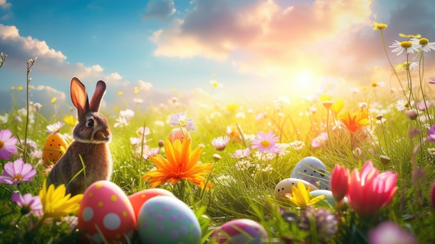 A bunny painting surrounded by easter eggs and flowers in a natural landscape aige