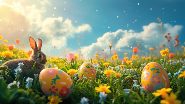 A bunny painting surrounded by easter eggs and flowers in a natural landscape aige