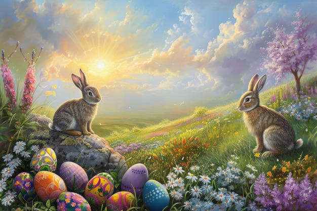 A bunny painting surrounded by easter eggs and flowers in a natural landscape aige