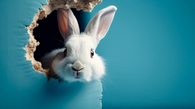 Bunny peeking out of a hole in blue wall fluffy eared bunny easter bunny banner rabbit jump out torn hole Generative AI