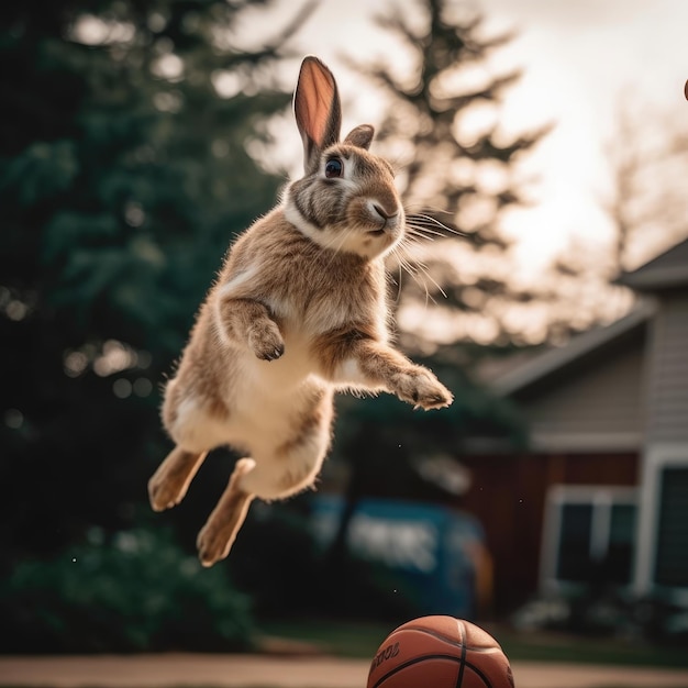 Foto coniglietto che gioca a basket