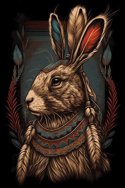 Bunny portrait with ethnic ornamental necklace aztec style