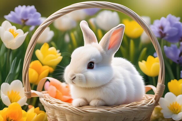 Bunny rabbit in the Easter basket with decorated eggs and flowers generative AI