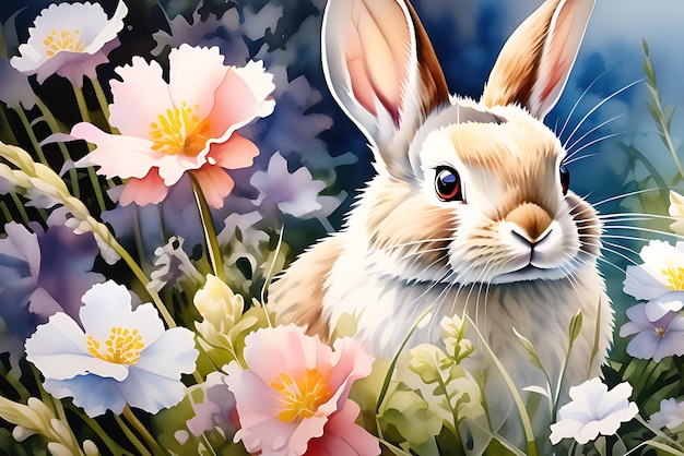 Foto coniglio nel cesto di pasqua con uova decorate e fiori ai generativa