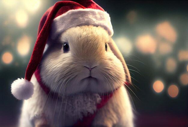 Фото bunny rabbit in santa claus costume and shiny bokeh background animal and holiday concept generative ai