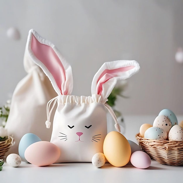 a bunny rabbit is sitting next to a basket of eggs