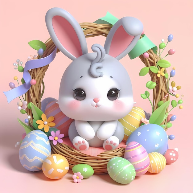 a bunny rabbit is sitting in a basket with easter eggs in the background