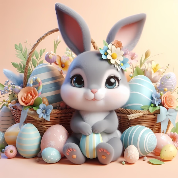 a bunny rabbit is sitting in a basket with easter eggs