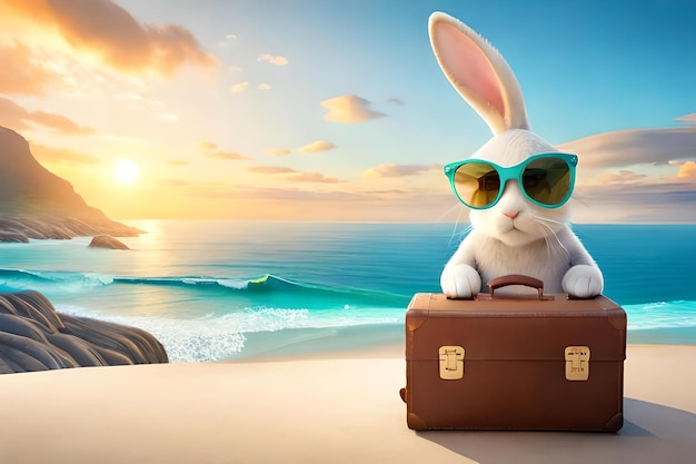 A bunny rabbit is sitting in a suitcase on the beach.