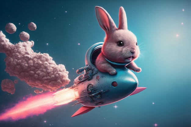 Bunny rabbit riding on a rocket ship.