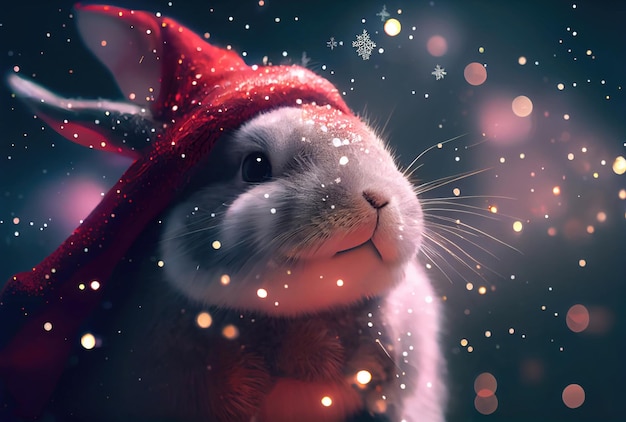 Bunny rabbit in Santa Claus costume and shiny bokeh background Animal and Holiday concept Generative AI