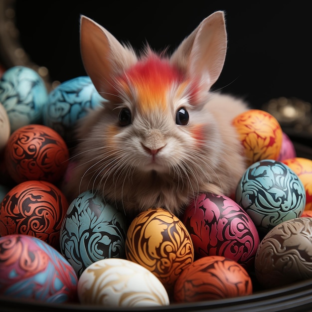 a bunny rabbit with a colorful haircut in a basket of easter eggs