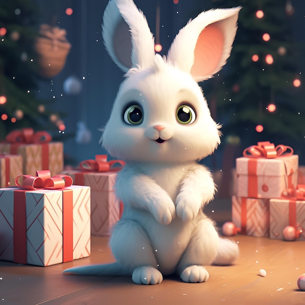 A bunny rabbit with a gift box in front of him