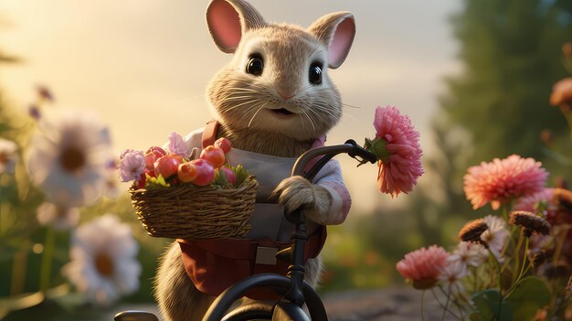 꽃이 담긴 바구니를 들고 자전거를 타는 토끼