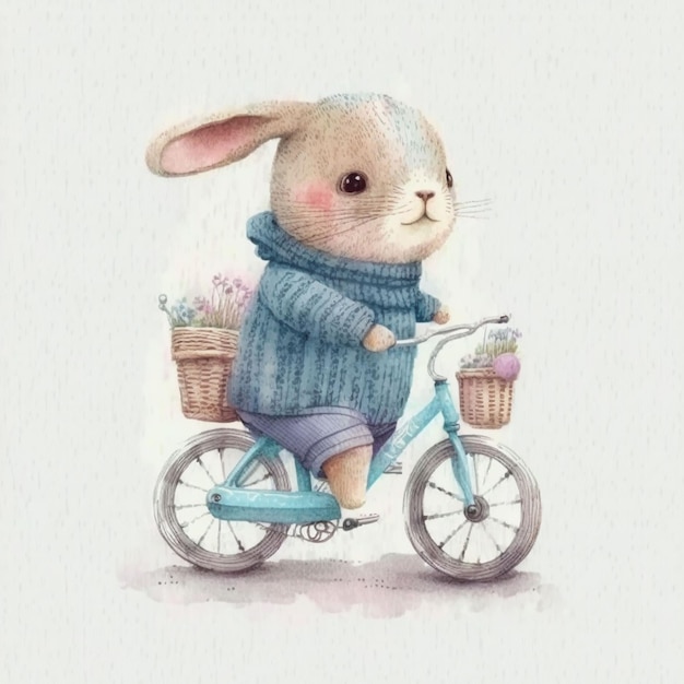 A bunny riding a bike with a basket of flowers on it.