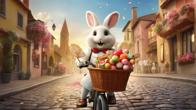 Bunny rijdt op de fiets met mand met bloemen