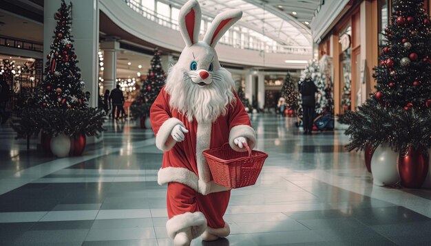 Photo a bunny in a santa suit is walking in a mall