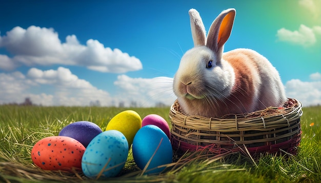 A bunny sits in a basket with colorful easter eggs