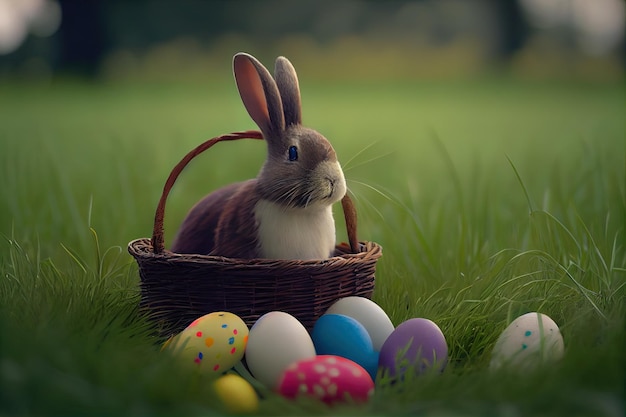 A bunny sits in a basket with easter eggs in it.