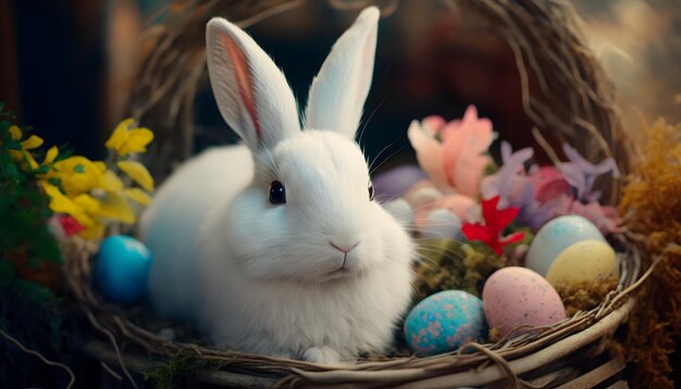 A bunny sits in a basket with easter eggs.