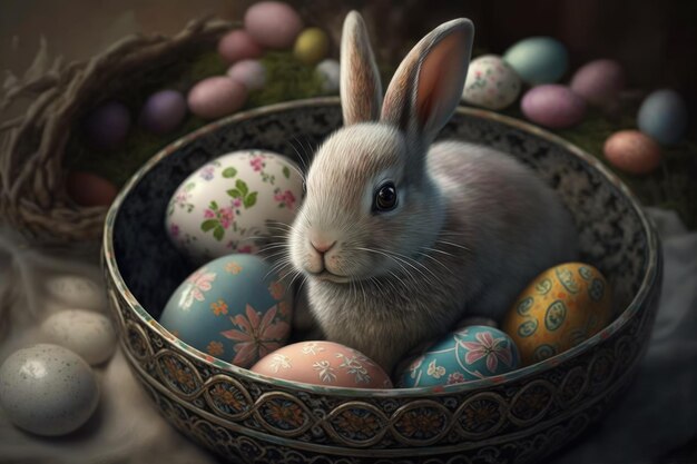 A bunny sits in a basket with easter eggs.