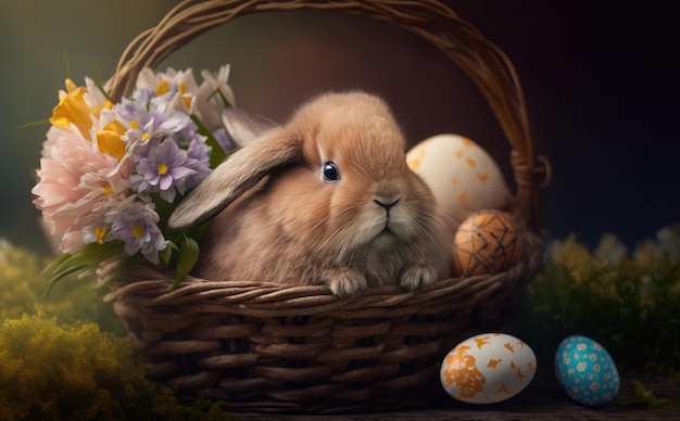 A bunny sits in a basket with eggs and flowers.