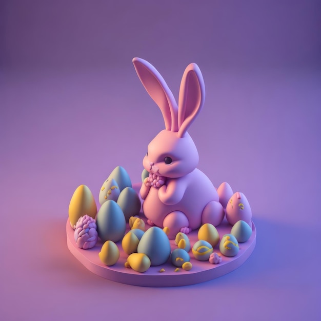 A bunny sits among a bunch of easter eggs.