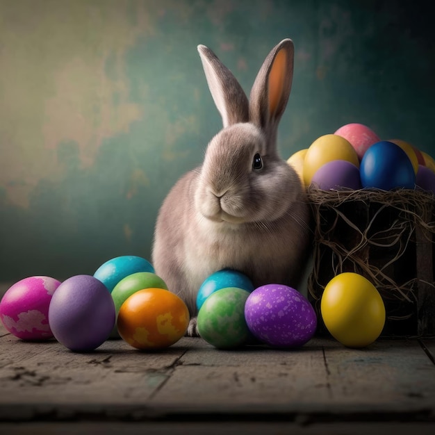 A bunny sits among colorful easter eggs in front of a basket