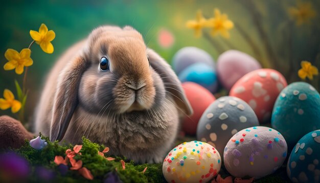 A bunny sits among colorful easter eggs