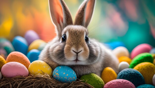 A bunny sits among easter eggs in a basket