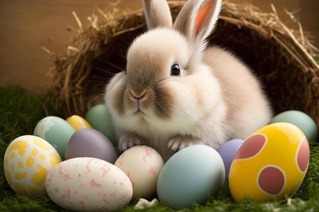 토끼는 바구니에 있는 부활절 달걀 사이에 앉아 있습니다.
