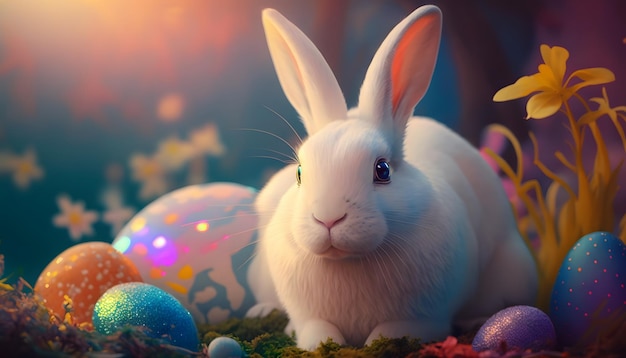 A bunny sits among easter eggs in a colorful forest