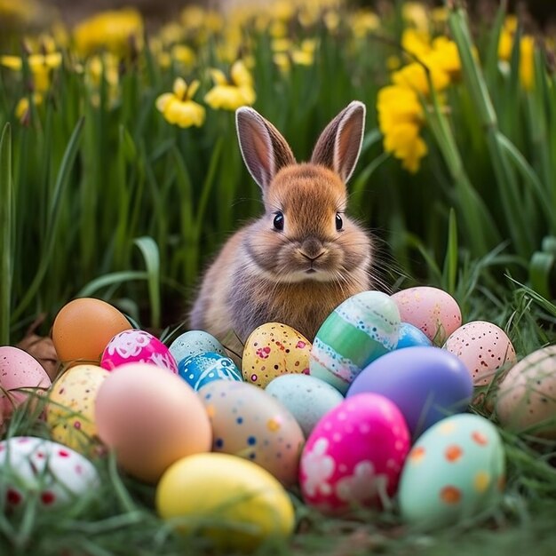 A bunny sits among easter eggs in a field