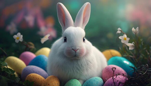 A bunny sits among easter eggs in a field