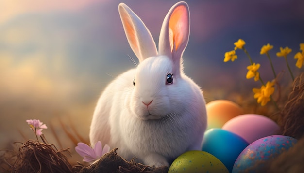 Кролик сидит среди пасхальных яиц в поле
