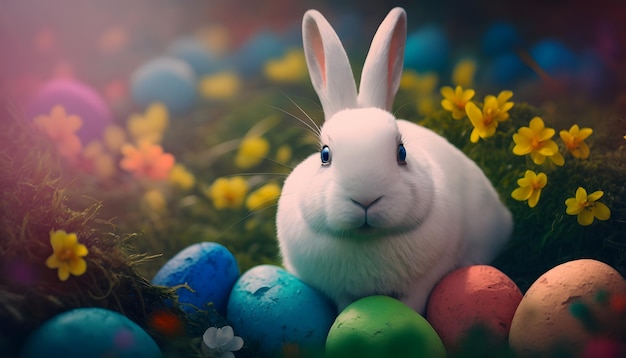 A bunny sits among easter eggs in a field