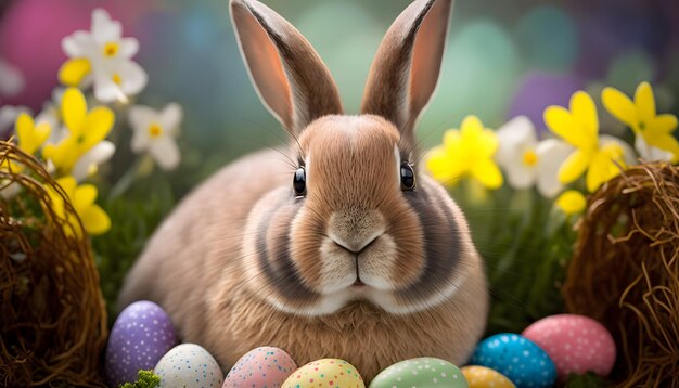 A bunny sits among easter eggs in a flowery background.