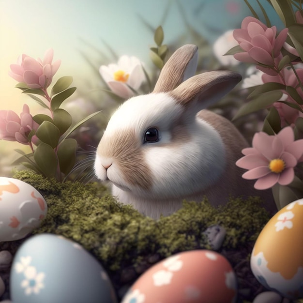 A bunny sits among easter eggs in a garden.