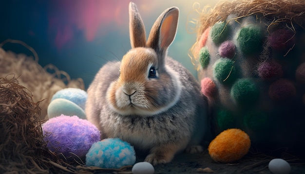 A bunny sits among easter eggs in a nest with a colorful background.