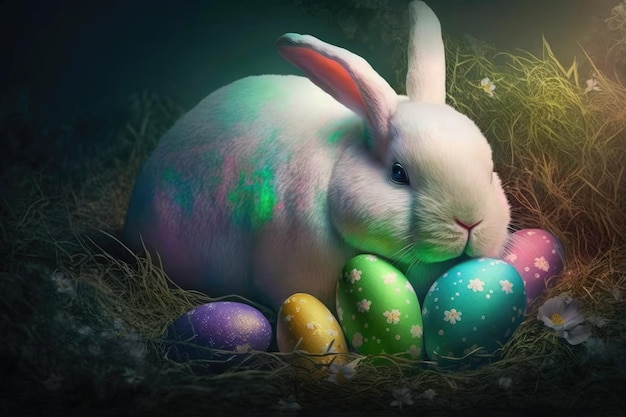 둥지에 있는 부활절 달걀 사이에 토끼가 앉아 있다