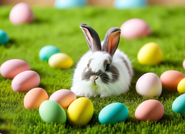 A bunny sits among easter eggs with a bunny in the grass.