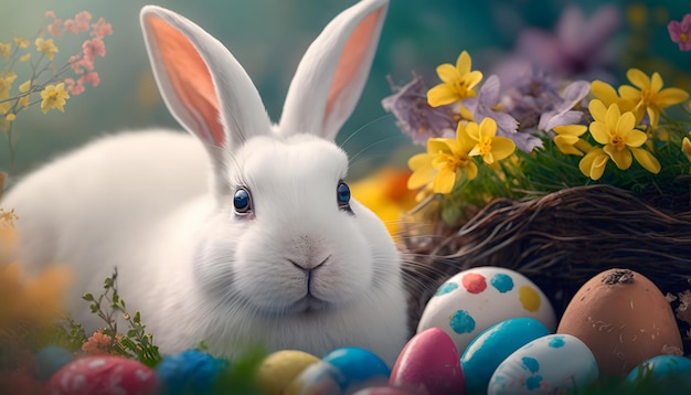 A bunny sits among easter eggs with a colorful flower pattern.